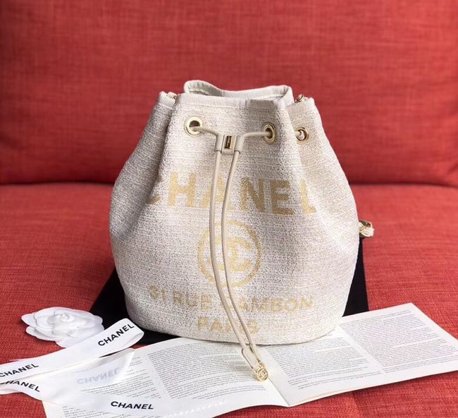 CHANEL Tweed Calfskin drawstring bag & Gold-Tone Metal AS0455 white