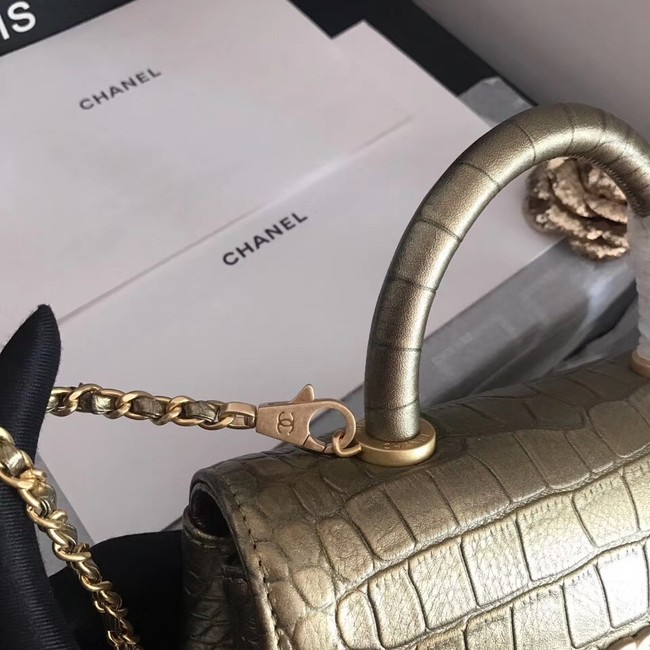 Chanel original Calfskin flap bag top handle A92290 bronze &gold-Tone Metal