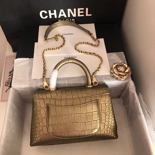 Chanel original Calfskin flap bag top handle A92290 bronze &gold-Tone Metal