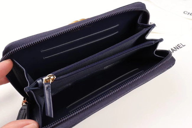 Chanel Calfskin Leather & Gold-Tone Metal Wallet A80566 dark blue