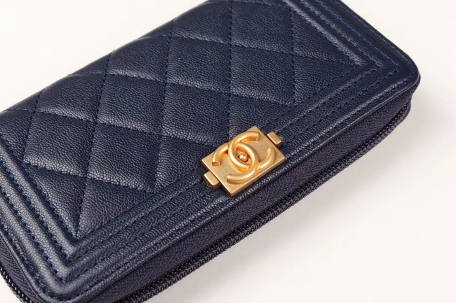 Chanel Calfskin Leather & Gold-Tone Metal Wallet A80566 dark blue