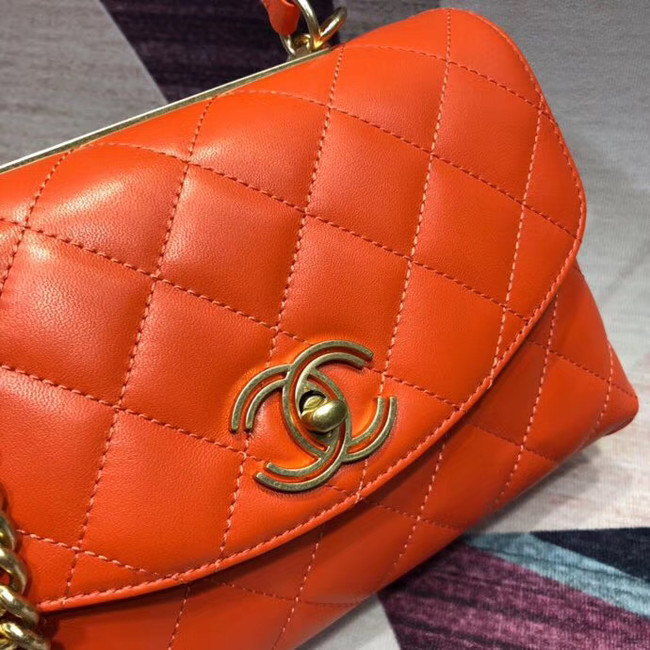 Chanel flap bag with top handle Lambskin & Gold-Tone Metal AS1174 orange