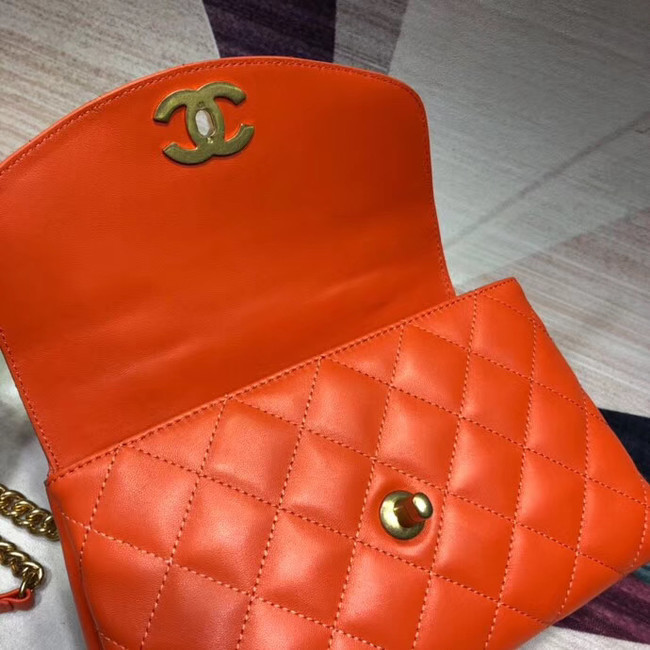 Chanel flap bag with top handle Lambskin & Gold-Tone Metal AS1174 orange