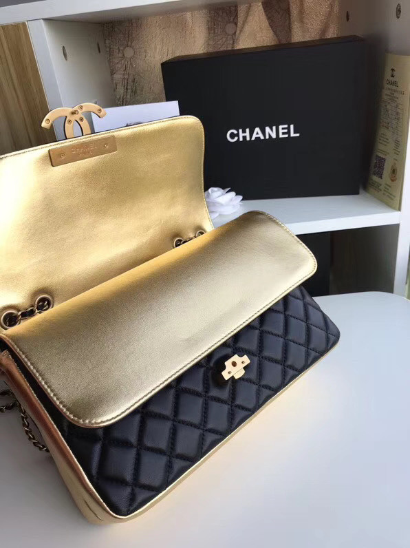 Chanel flap bag Lambskin & Gold-Tone Metal 57276 black&gold