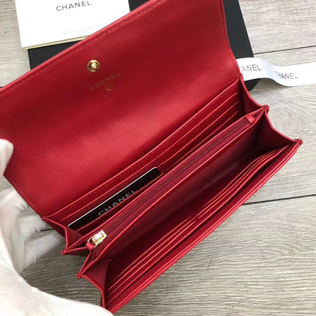 Chanel sheepskin & Gold-Tone Metal Wallet A6871 red
