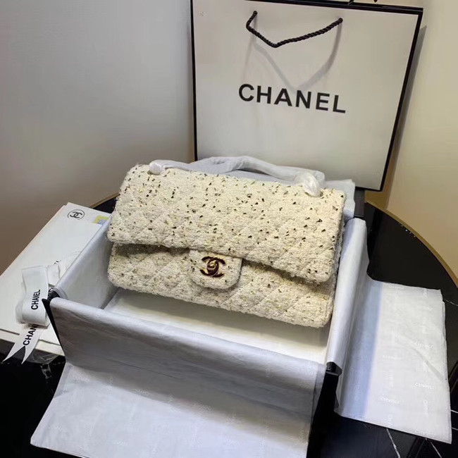 CHANEL Tweed Calfskin -Tone & Gold-Tone Metal AS1112 white