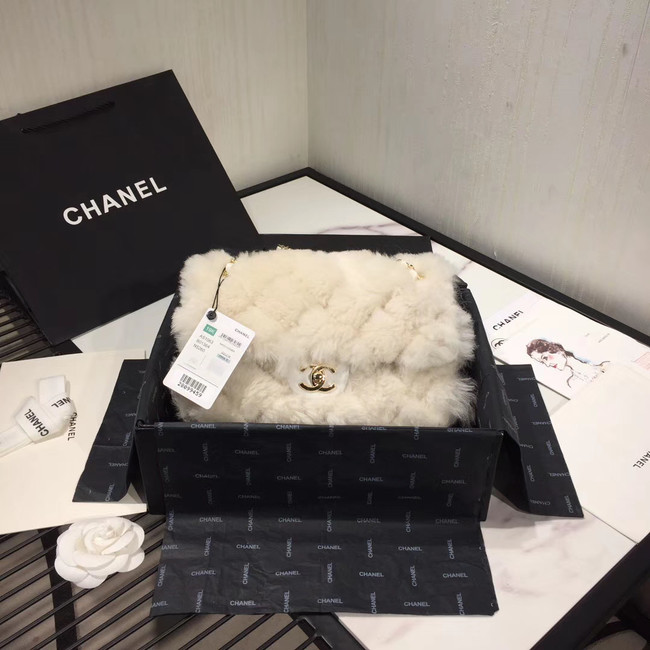 Chanel flap bag Wool sheepskin &Gold-Tone Metal AS1063 white
