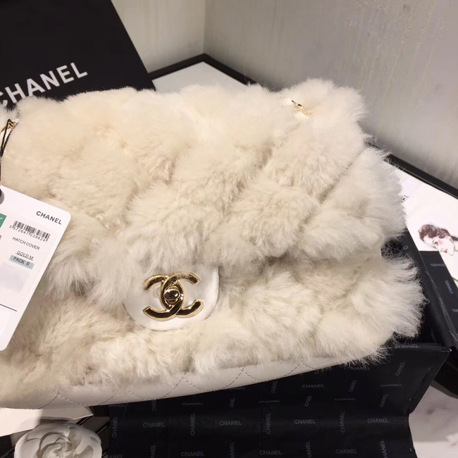 Chanel flap bag Wool sheepskin &Gold-Tone Metal AS1063 white 