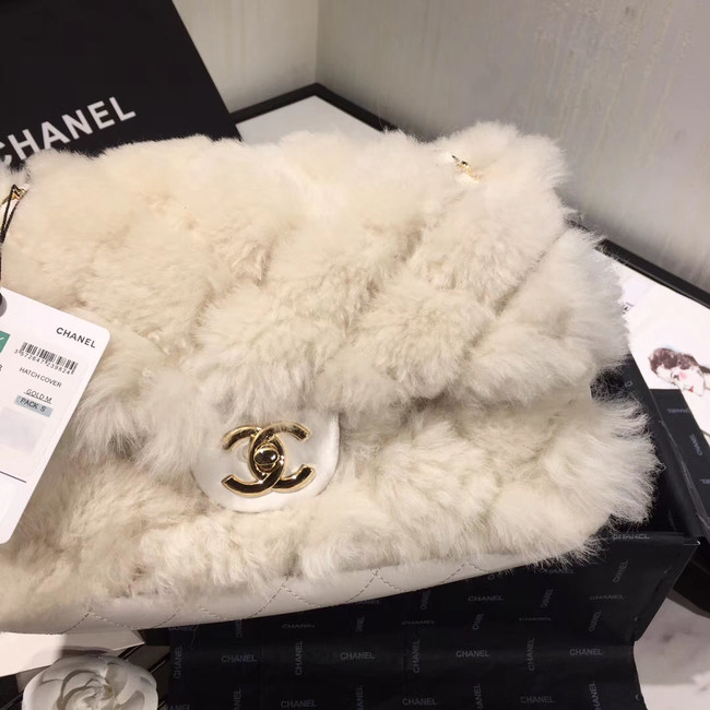 Chanel flap bag Wool sheepskin &Gold-Tone Metal AS1200 white 