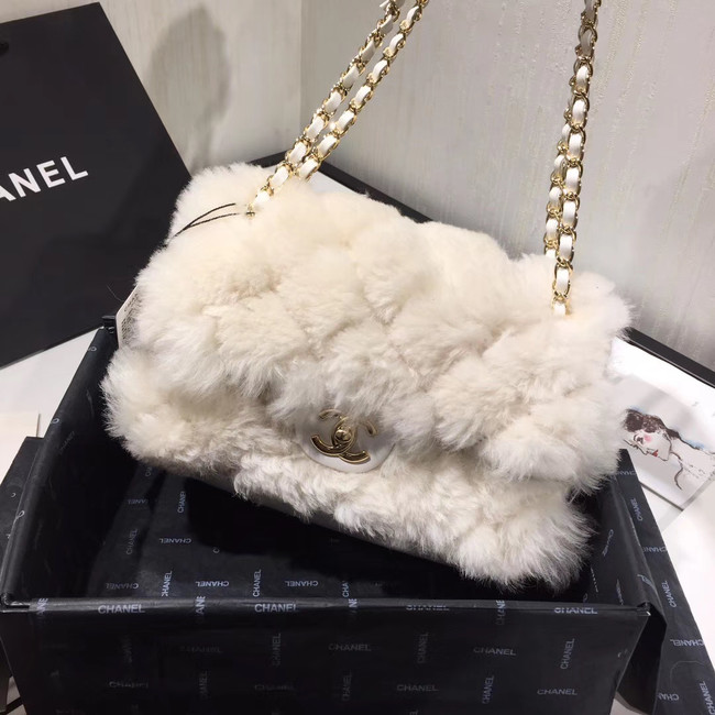 Chanel flap bag Wool sheepskin &Gold-Tone Metal AS1200 white 