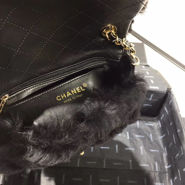Chanel flap bag Wool sheepskin &Gold-Tone Metal AS1199 black