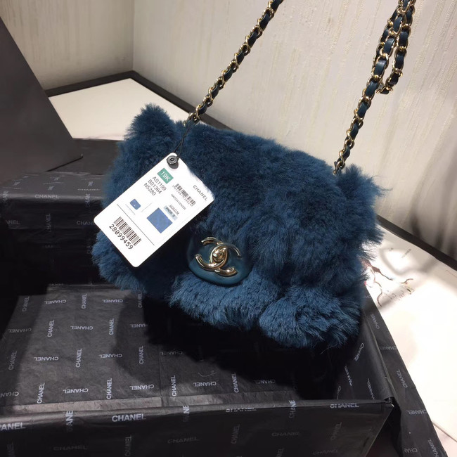 Chanel flap bag Wool sheepskin &Gold-Tone Metal AS1199 blue