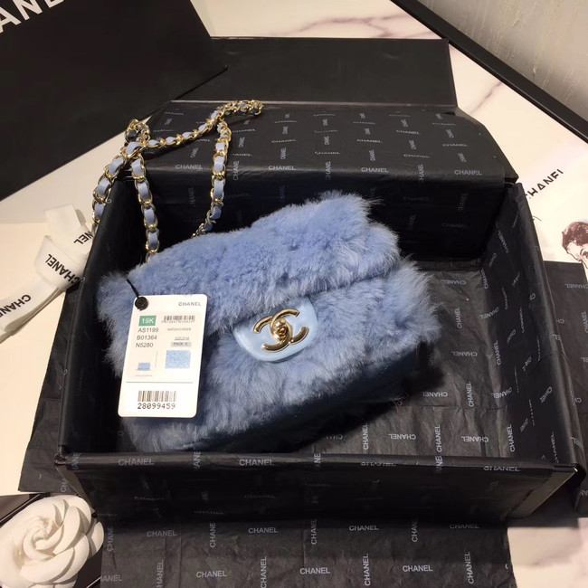 Chanel flap bag Wool sheepskin &Gold-Tone Metal AS1199 light blue