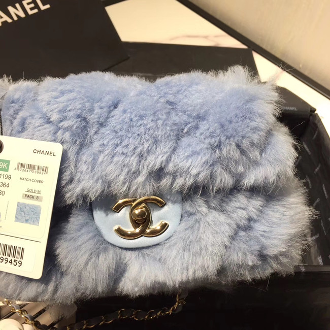 Chanel flap bag Wool sheepskin &Gold-Tone Metal AS1199 light blue