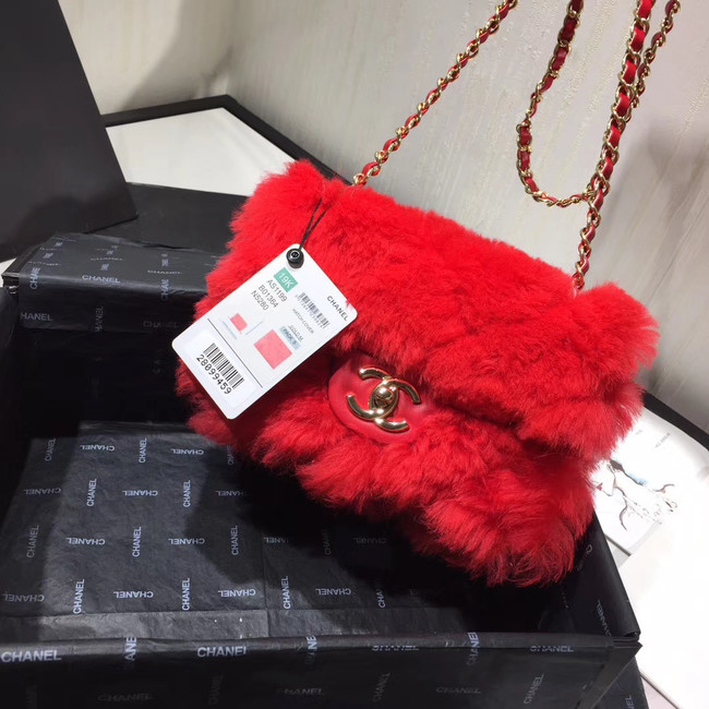 Chanel flap bag Wool sheepskin &Gold-Tone Metal AS1199 red