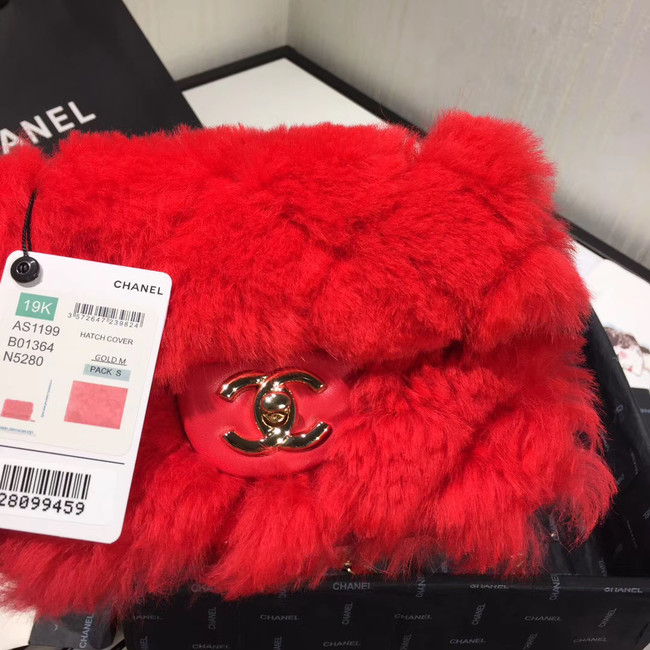 Chanel flap bag Wool sheepskin &Gold-Tone Metal AS1199 red
