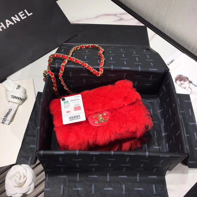 Chanel flap bag Wool sheepskin &Gold-Tone Metal AS1199 red