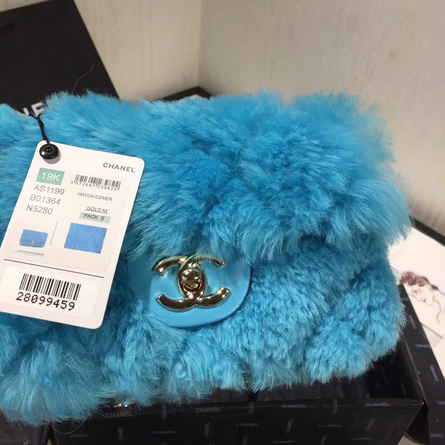 Chanel flap bag Wool sheepskin &Gold-Tone Metal AS1199 skyblue