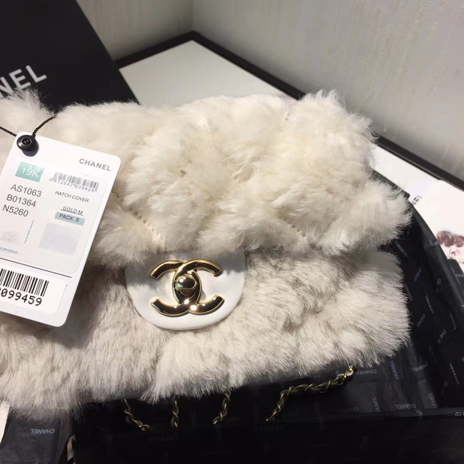 Chanel flap bag Wool sheepskin &Gold-Tone Metal AS1199 white