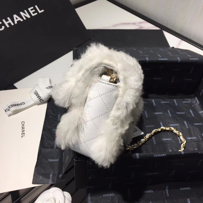 Chanel flap bag Wool sheepskin &Gold-Tone Metal AS1199 white