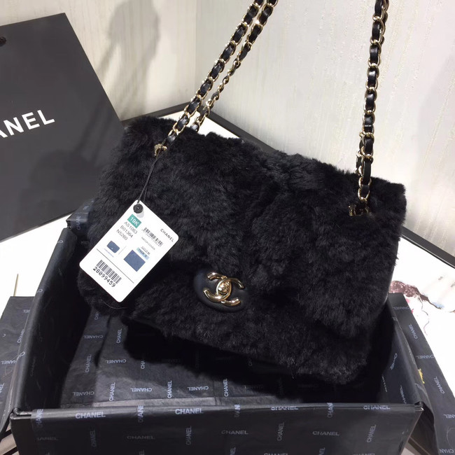 Chanel flap bag Wool sheepskin &Gold-Tone Metal AS1063 black