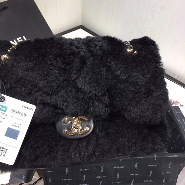 Chanel flap bag Wool sheepskin &Gold-Tone Metal AS1063 black