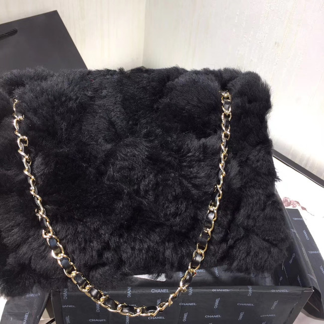 Chanel flap bag Wool sheepskin &Gold-Tone Metal AS1063 black