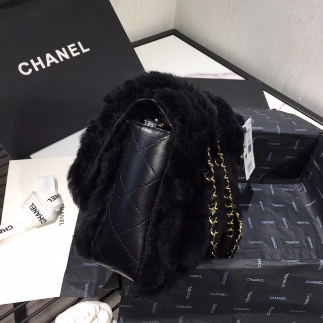 Chanel flap bag Wool sheepskin &Gold-Tone Metal AS1063 black