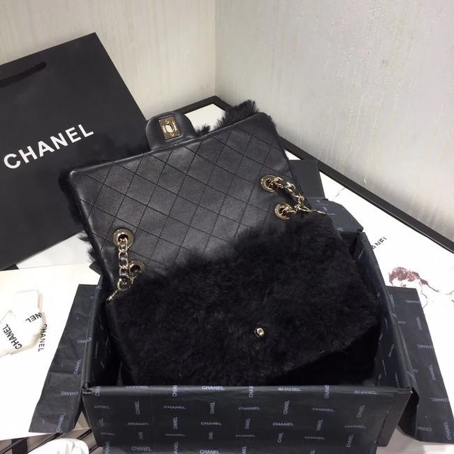 Chanel flap bag Wool sheepskin &Gold-Tone Metal AS1063 black