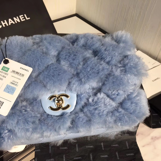 Chanel flap bag Wool sheepskin &Gold-Tone Metal AS1063 light blue