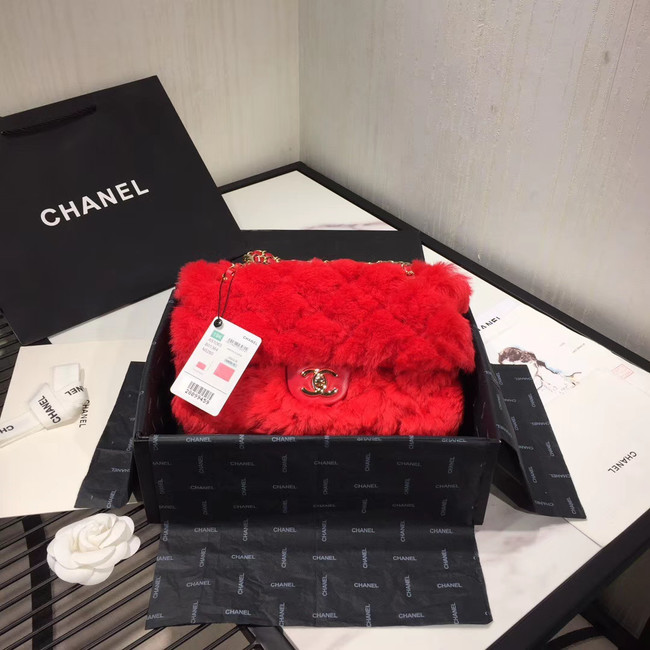 Chanel flap bag Wool sheepskin &Gold-Tone Metal AS1200 red