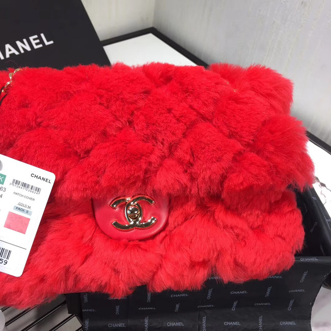 Chanel flap bag Wool sheepskin &Gold-Tone Metal AS1200 red