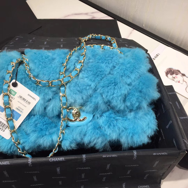 Chanel flap bag Wool sheepskin &Gold-Tone Metal AS1200 sky blue