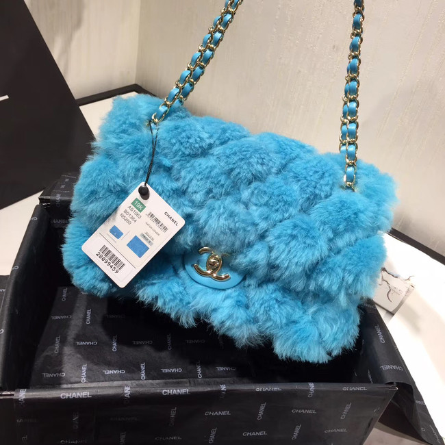 Chanel flap bag Wool sheepskin &Gold-Tone Metal AS1200 sky blue