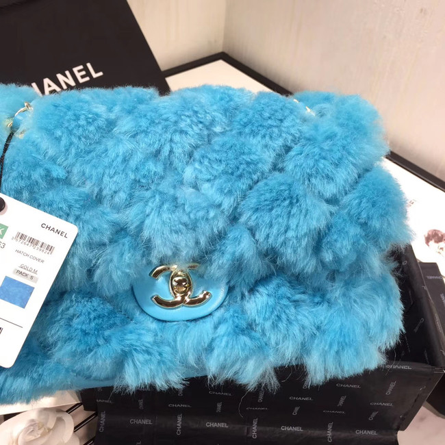 Chanel flap bag Wool sheepskin &Gold-Tone Metal AS1063 sky blue