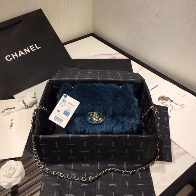 Chanel flap bag Wool sheepskin &Gold-Tone Metal AS1199 blue