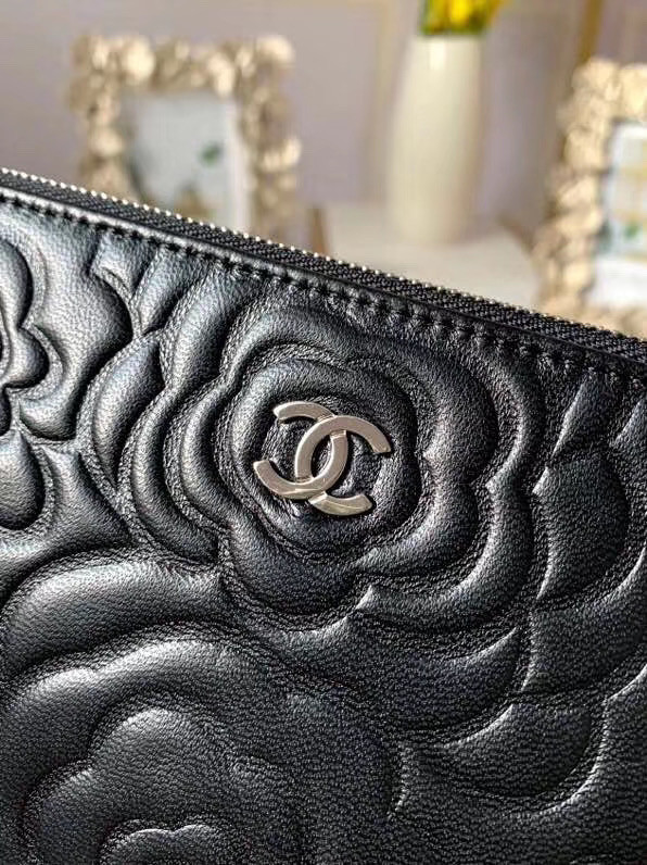 Chanel Lambskin Clutch Bag & silver-Tone Metal A009 black