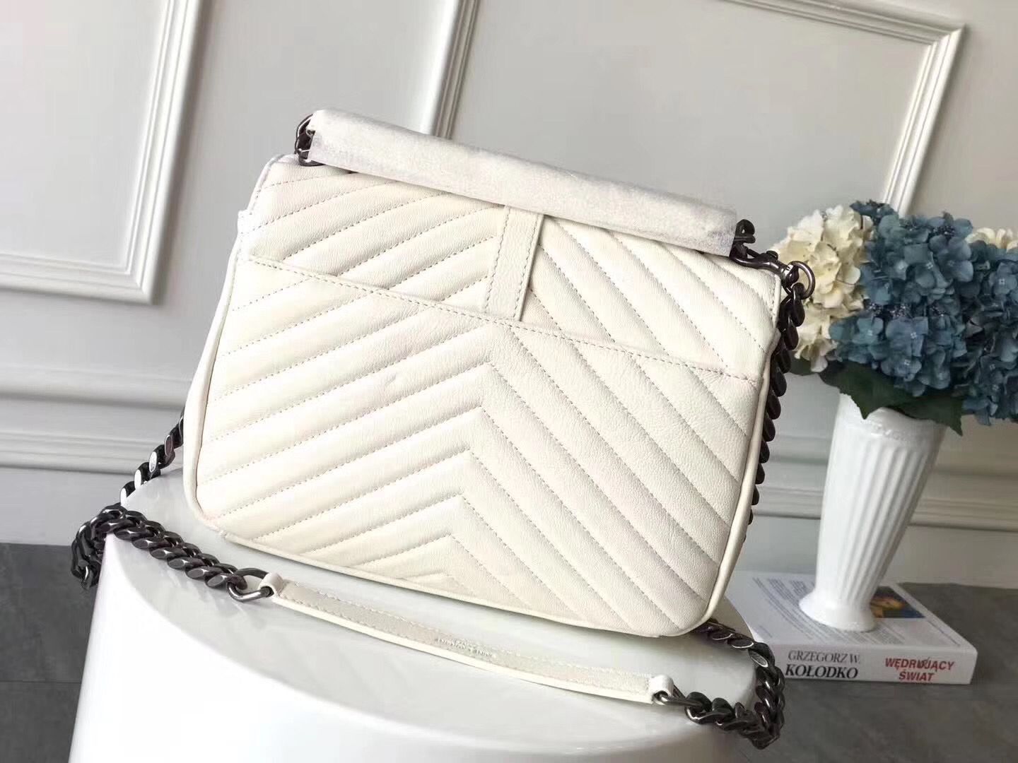 Saint Laurent Small Classic Monogramme Leather Flap Bag Ancient Silver Hardware Y2802 White