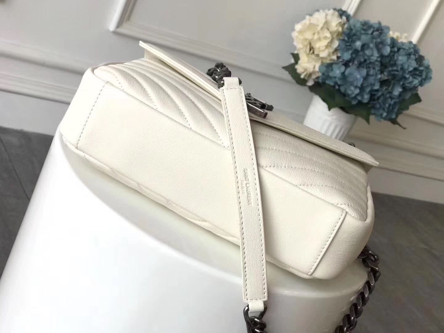 Saint Laurent Small Classic Monogramme Leather Flap Bag Ancient Silver Hardware Y2802 White