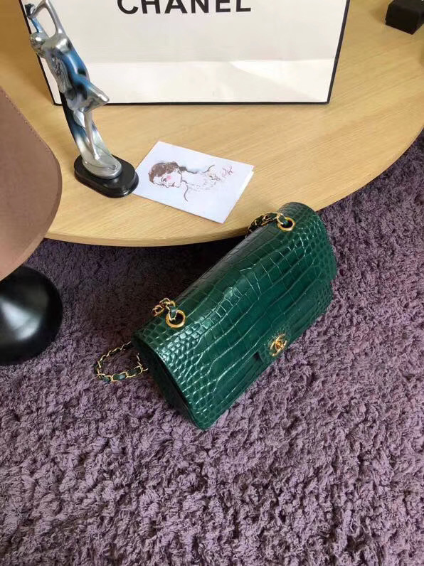 Chanel Classic Flap Bag Original Alligator & Gold-Tone Metal A01112 Blackish green