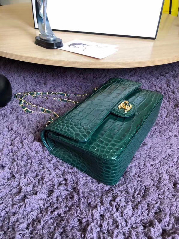 Chanel Classic Flap Bag Original Alligator & Gold-Tone Metal A01112 Blackish green