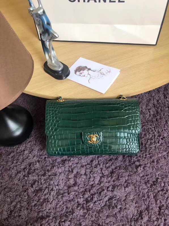 Chanel Classic Flap Bag Original Alligator & Gold-Tone Metal A01112 Blackish green