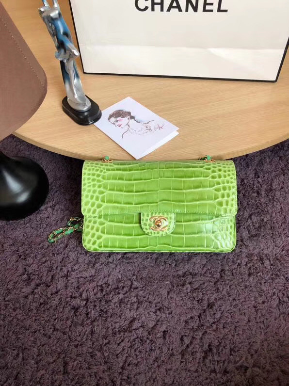 Chanel Classic Flap Bag Original Alligator & Gold-Tone Metal A01112 Green grass