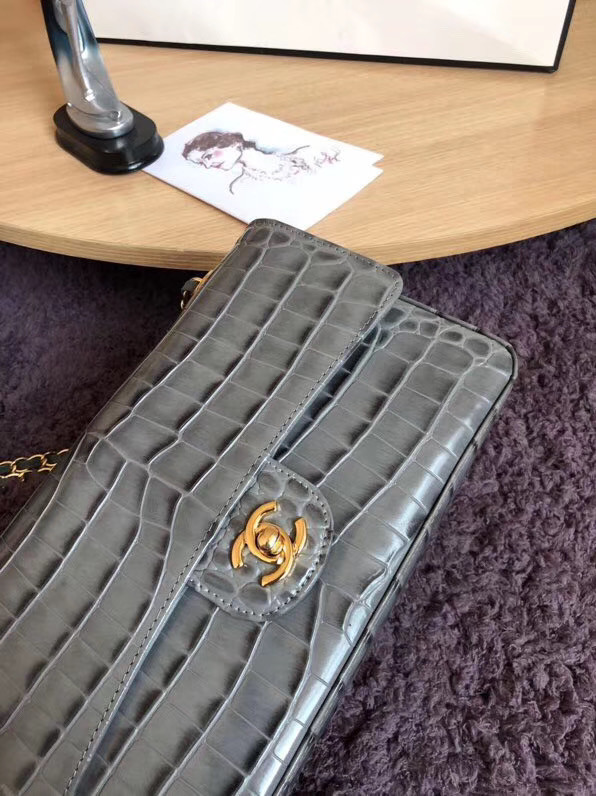 Chanel Classic Flap Bag Original Alligator & Gold-Tone Metal A01112 grey