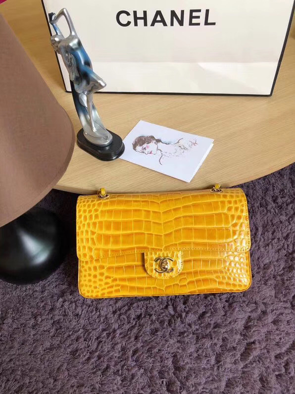 Chanel Classic Flap Bag Original Alligator & Gold-Tone Metal A01112 lemon