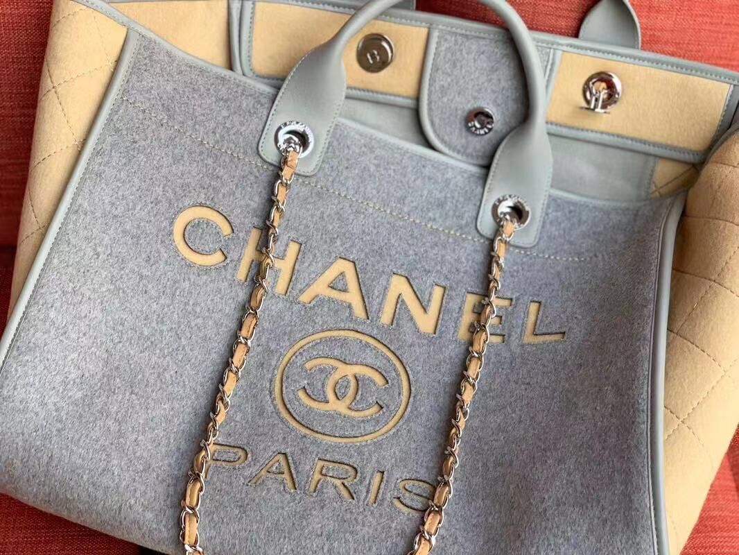 Chanel Original Tote Shopping Bag Wool calfskin & Silver-Tone Metal A93786 Grey&beige