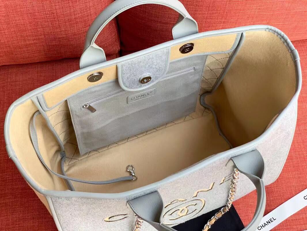 Chanel Original Tote Shopping Bag Wool calfskin & Silver-Tone Metal A93786 Grey&beige