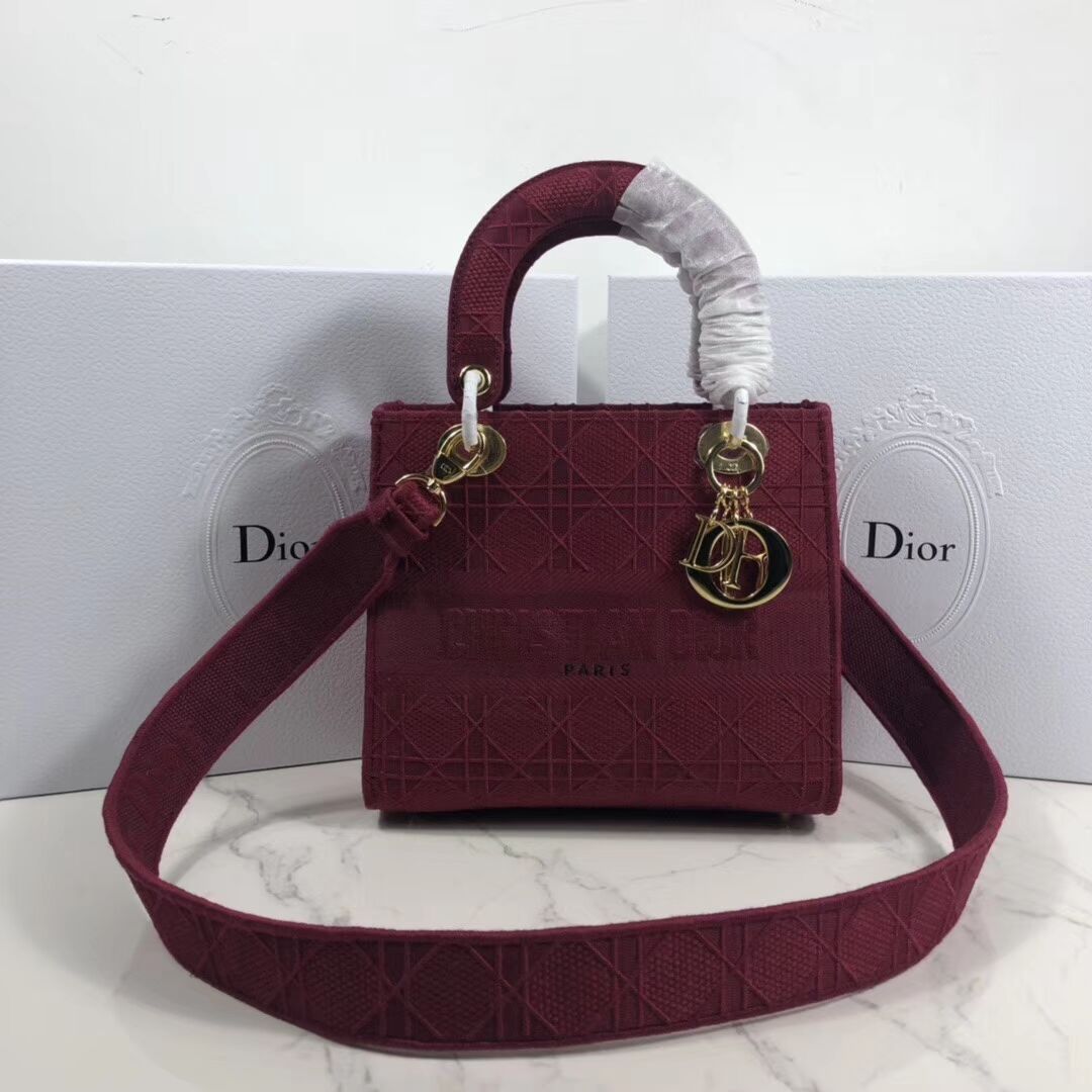 LADY DIOR TOTE BAG IN EMBROIDERED CANVAS C4532 Bordeaux