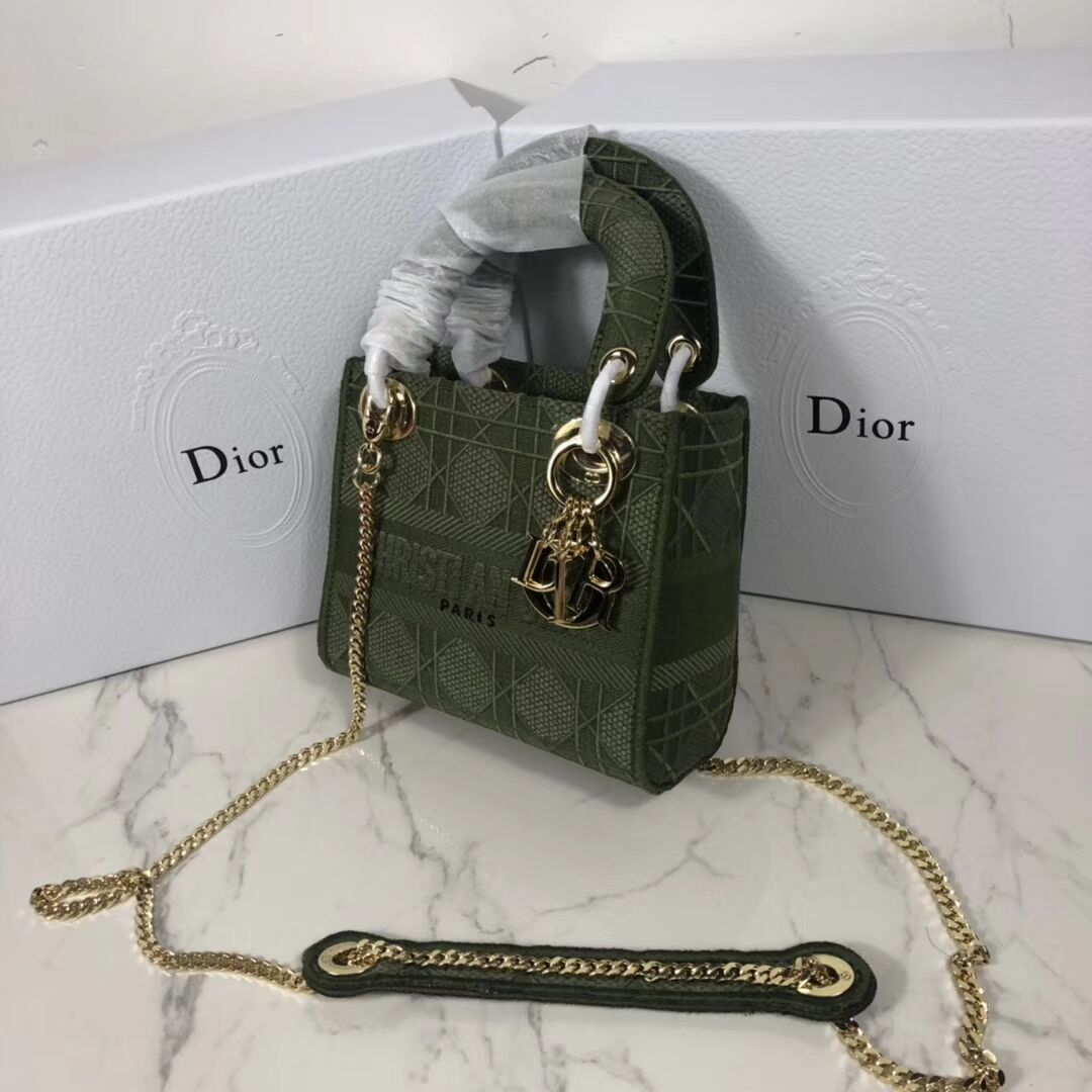 MINI LADY DIOR TOTE BAG IN EMBROIDERED CANVAS C4531 Blackish green