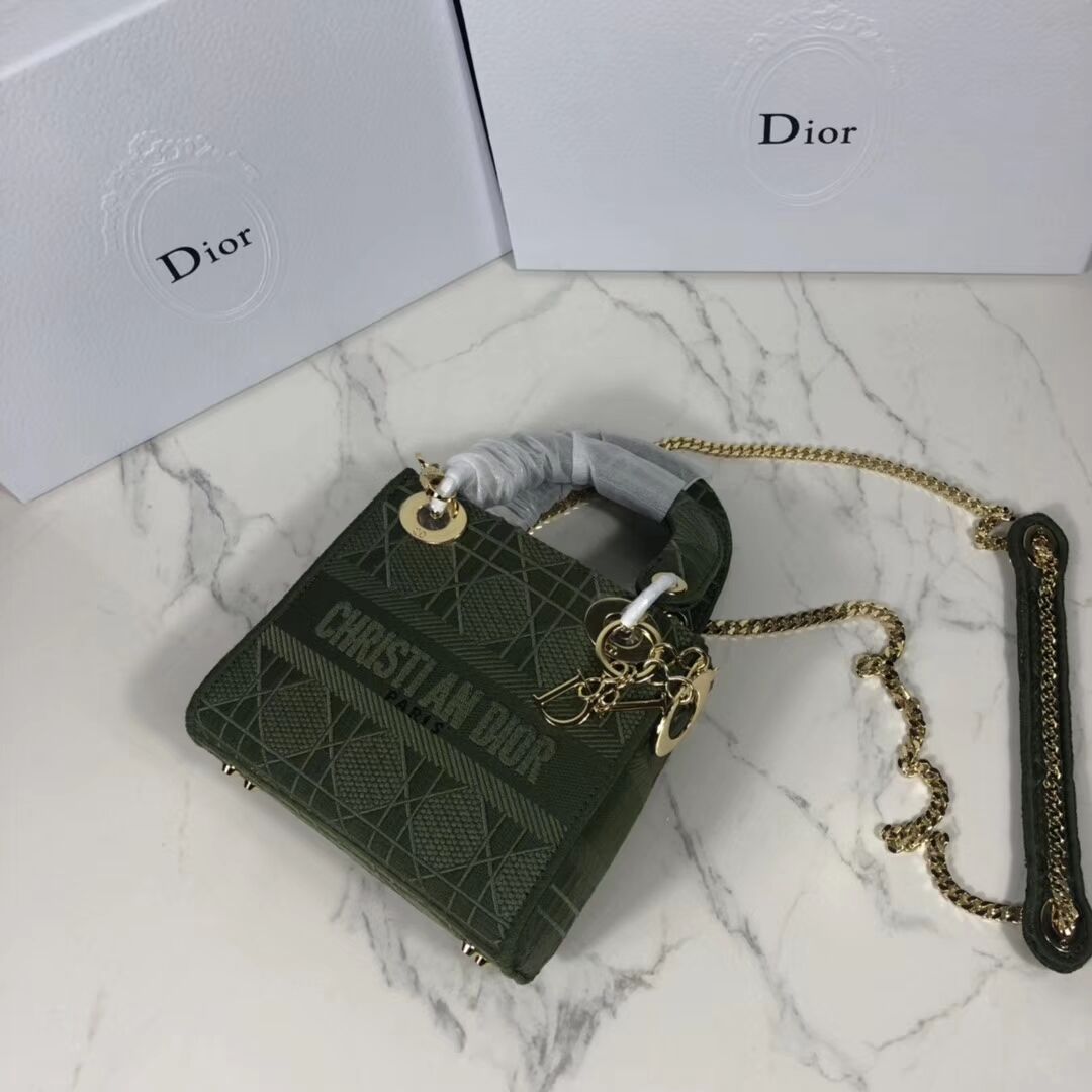 MINI LADY DIOR TOTE BAG IN EMBROIDERED CANVAS C4531 Blackish green